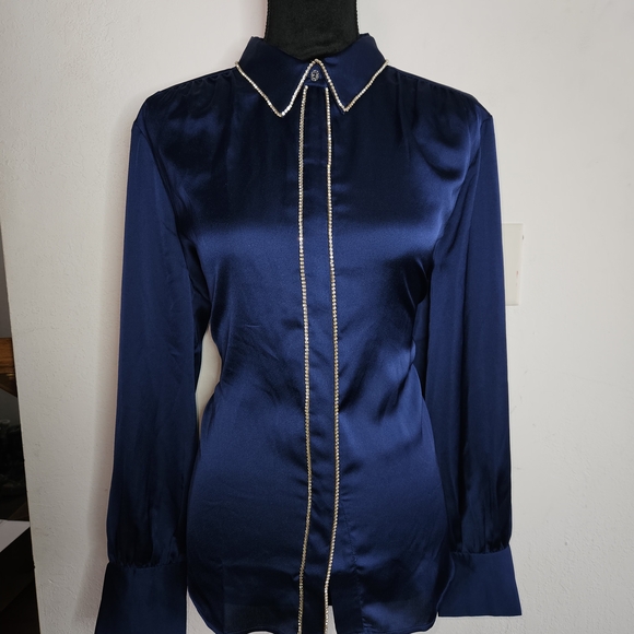 Ann Taylor Navy Satin Button-Down Blouse with Contrast Trim - Picture 5 of 7